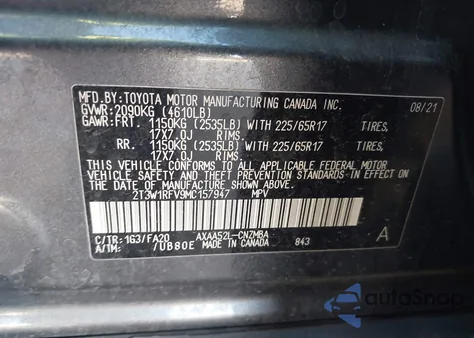 2021 Toyota Rav4 Xle z USA, uszkodzony, nr VIN 2T3W1RFV9MC157947